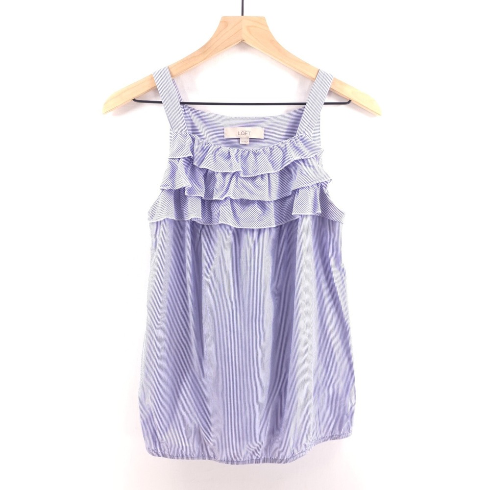 LOFT Women Tank Top XS Blue White Pinstripe Tiered Ruffle Elastic Hem Blouson‎